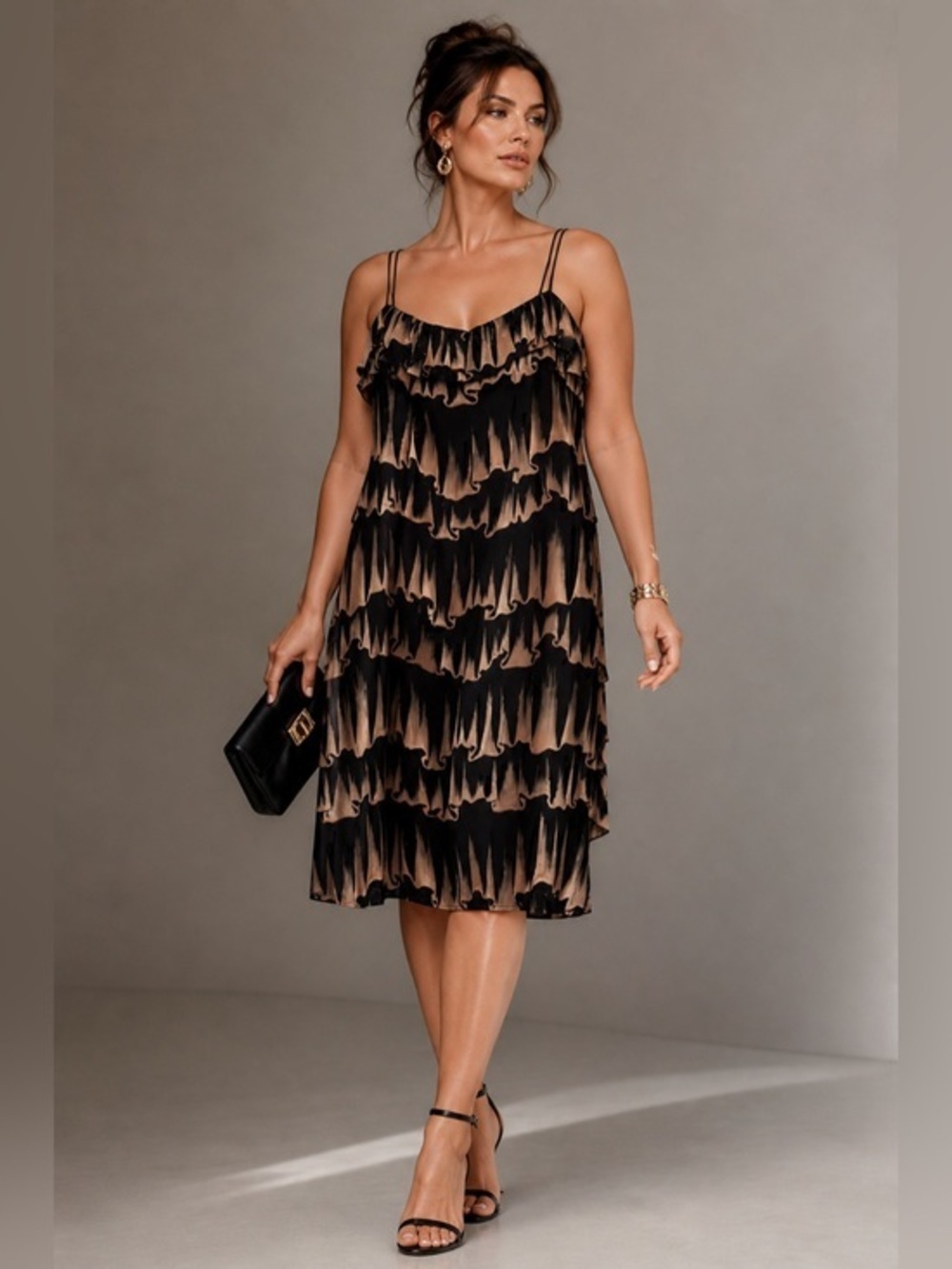 David Meister Silk Abstract Layered Print Cocktail Dress Black Brown Size 12